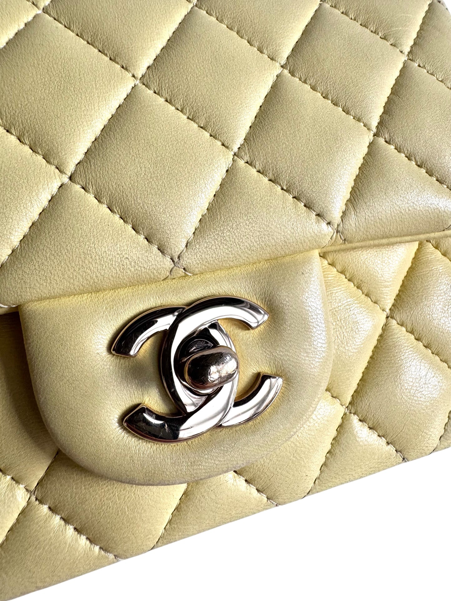 CHANEL Light Yellow Lambskin Quilted Mini Square Flap Light Gold Hardware