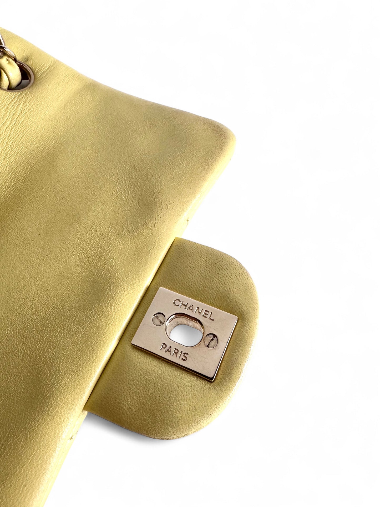 CHANEL Light Yellow Lambskin Quilted Mini Square Flap Light Gold Hardware