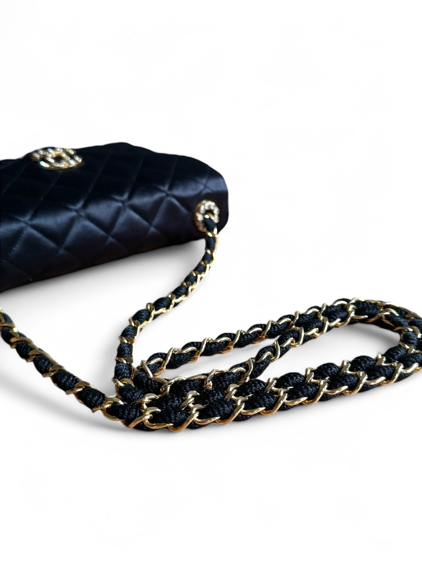Chanel Satin Rhinestone Chain Flap Bag