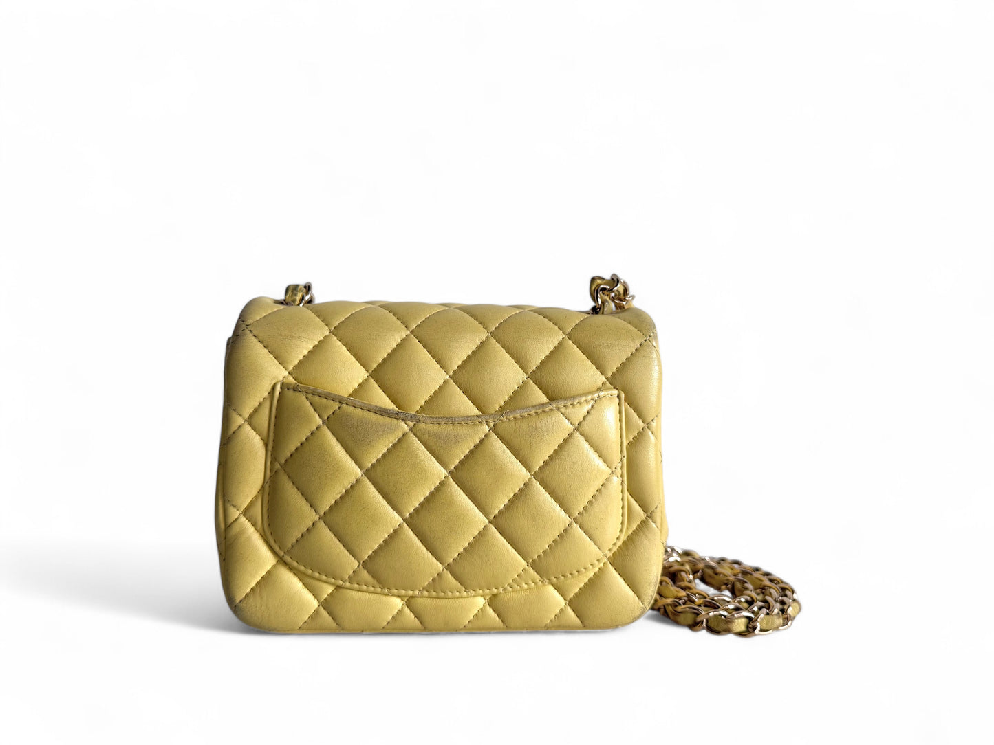 CHANEL Light Yellow Lambskin Quilted Mini Square Flap Light Gold Hardware