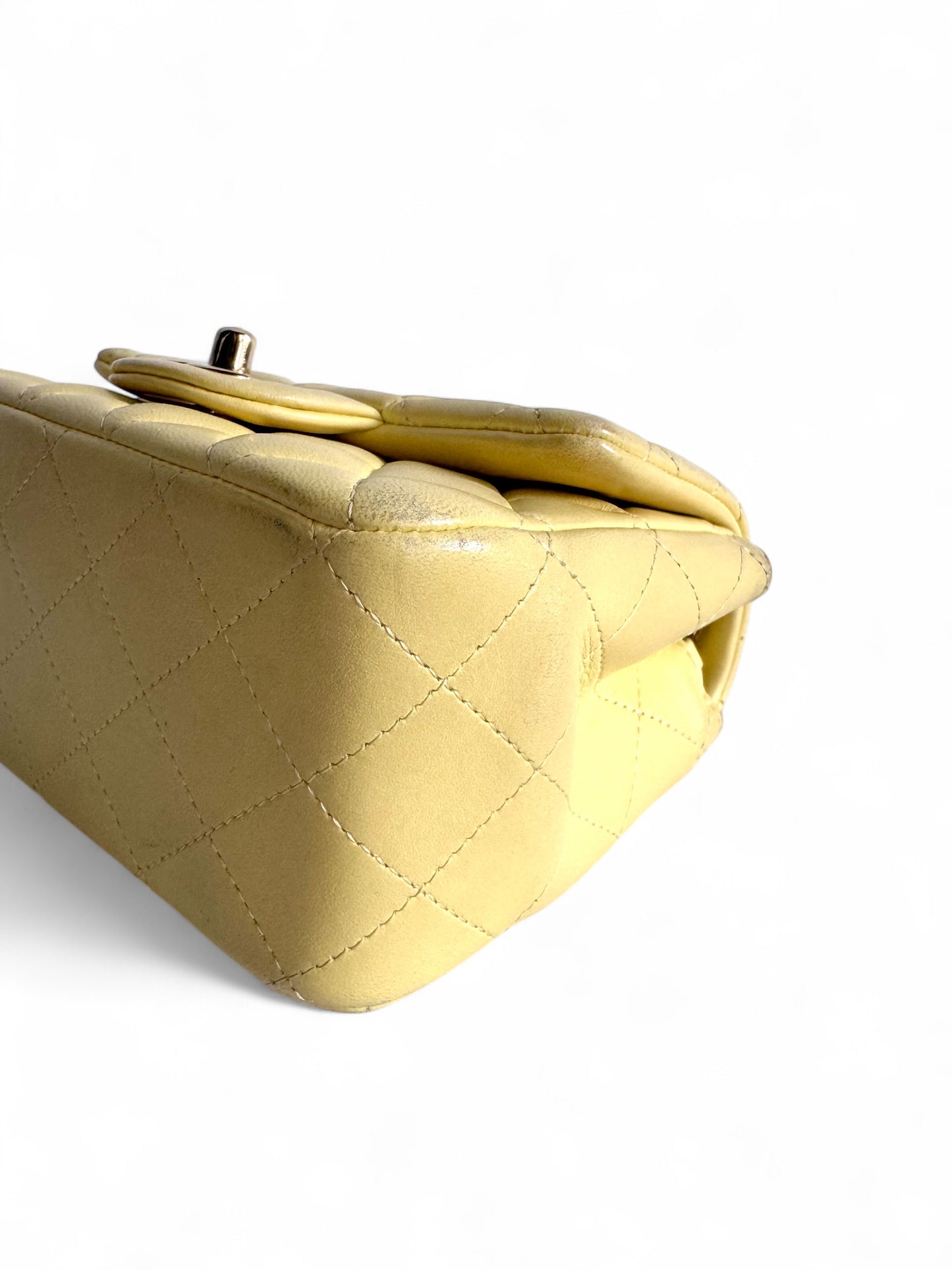CHANEL Light Yellow Lambskin Quilted Mini Square Flap Light Gold Hardware