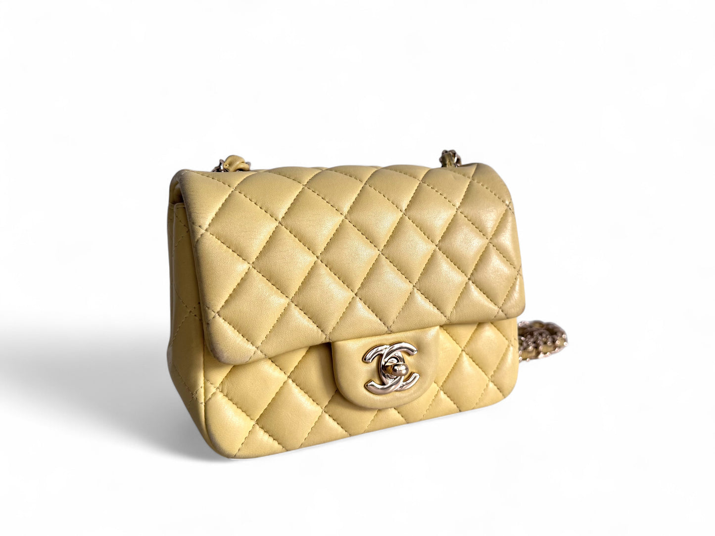 CHANEL Light Yellow Lambskin Quilted Mini Square Flap Light Gold Hardware