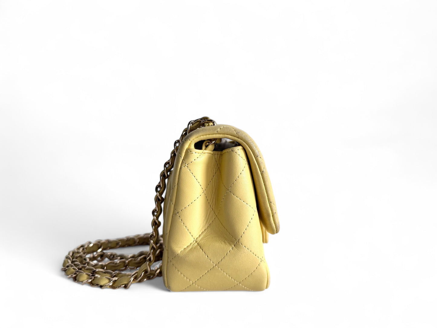 CHANEL Light Yellow Lambskin Quilted Mini Square Flap Light Gold Hardware