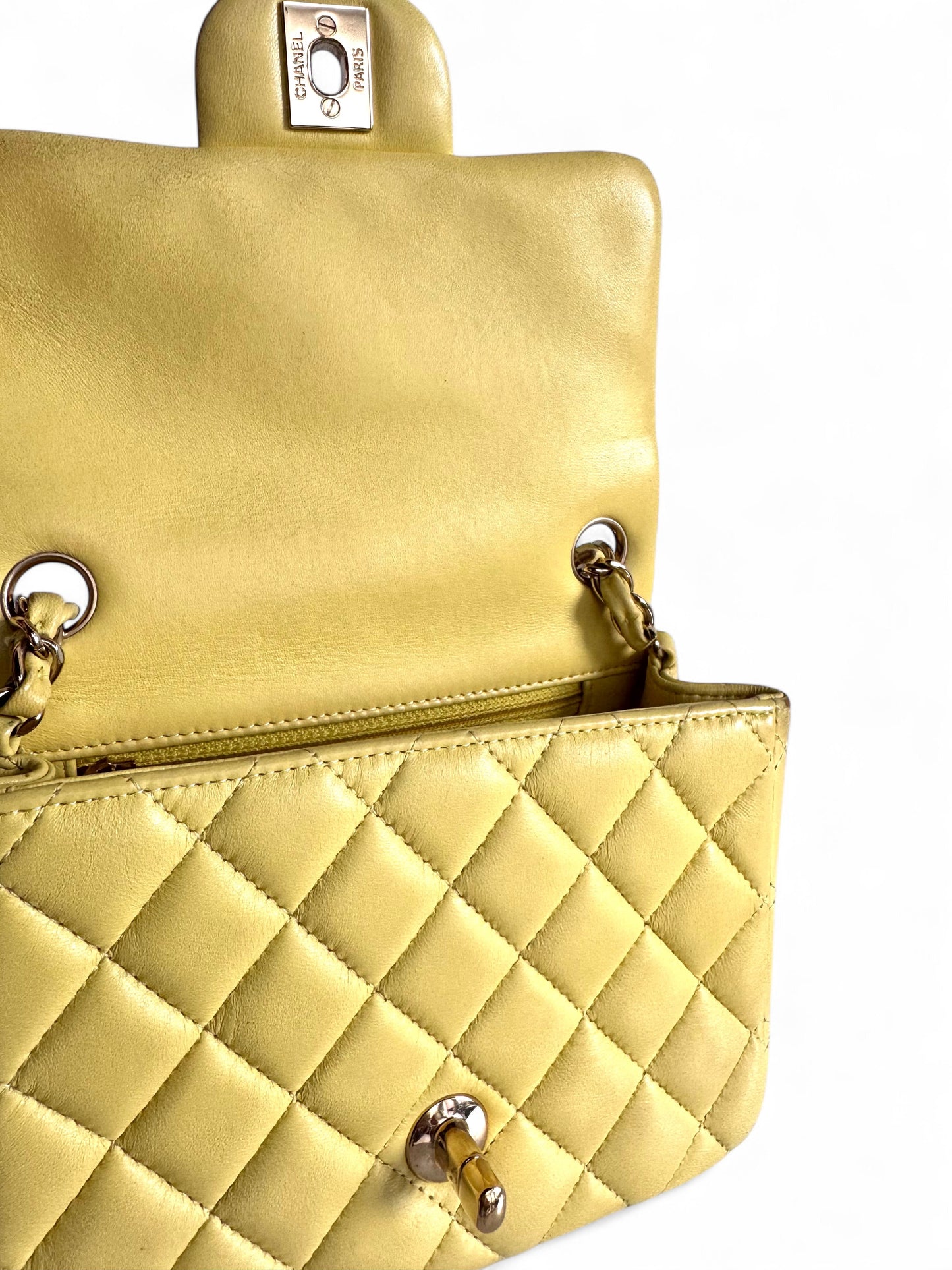 CHANEL Light Yellow Lambskin Quilted Mini Square Flap Light Gold Hardware