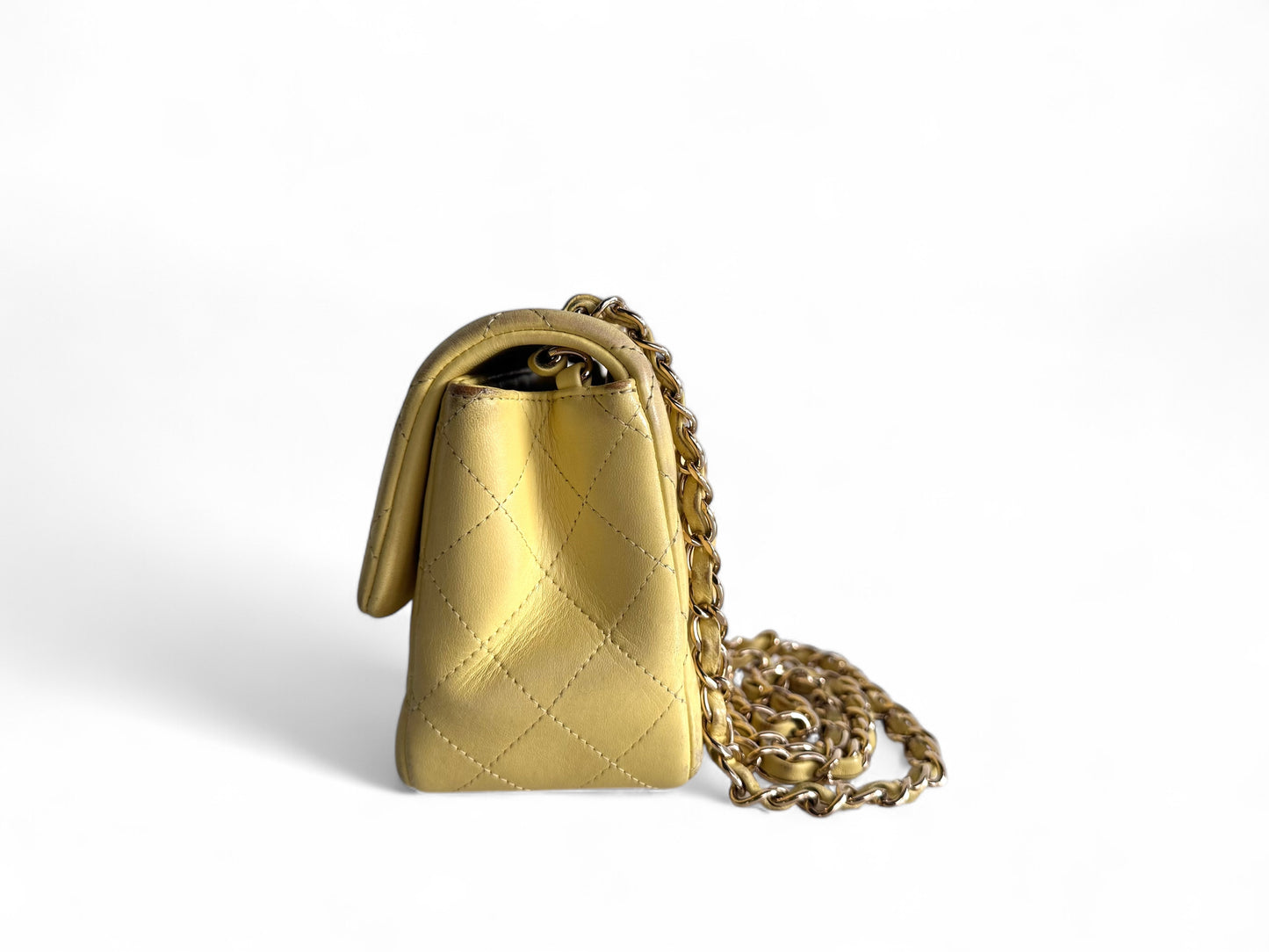 CHANEL Light Yellow Lambskin Quilted Mini Square Flap Light Gold Hardware