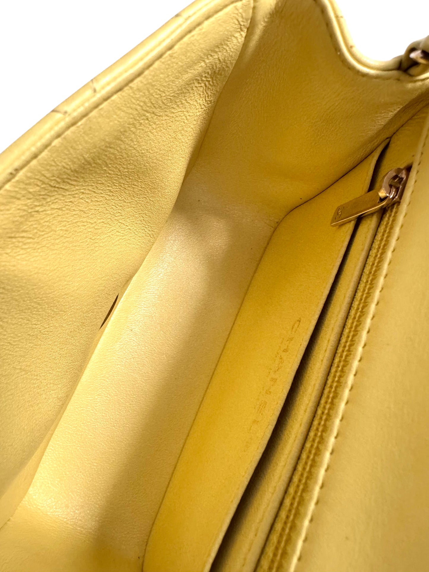 CHANEL Light Yellow Lambskin Quilted Mini Square Flap Light Gold Hardware