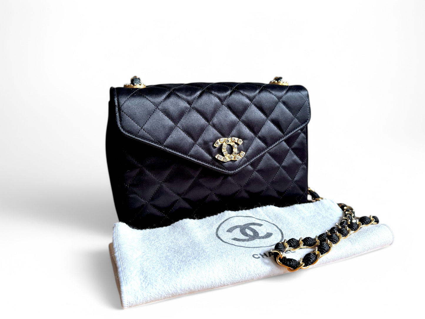 Chanel Satin Rhinestone Chain Flap Bag