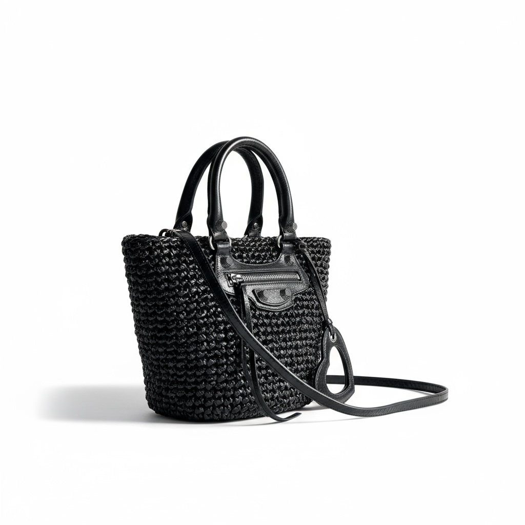 BALENCIAGA Nylon Raffia Le Cagole Small Panier Tote