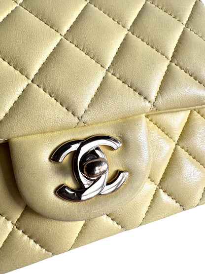CHANEL Light Yellow Lambskin Quilted Mini Square Flap Light Gold Hardware