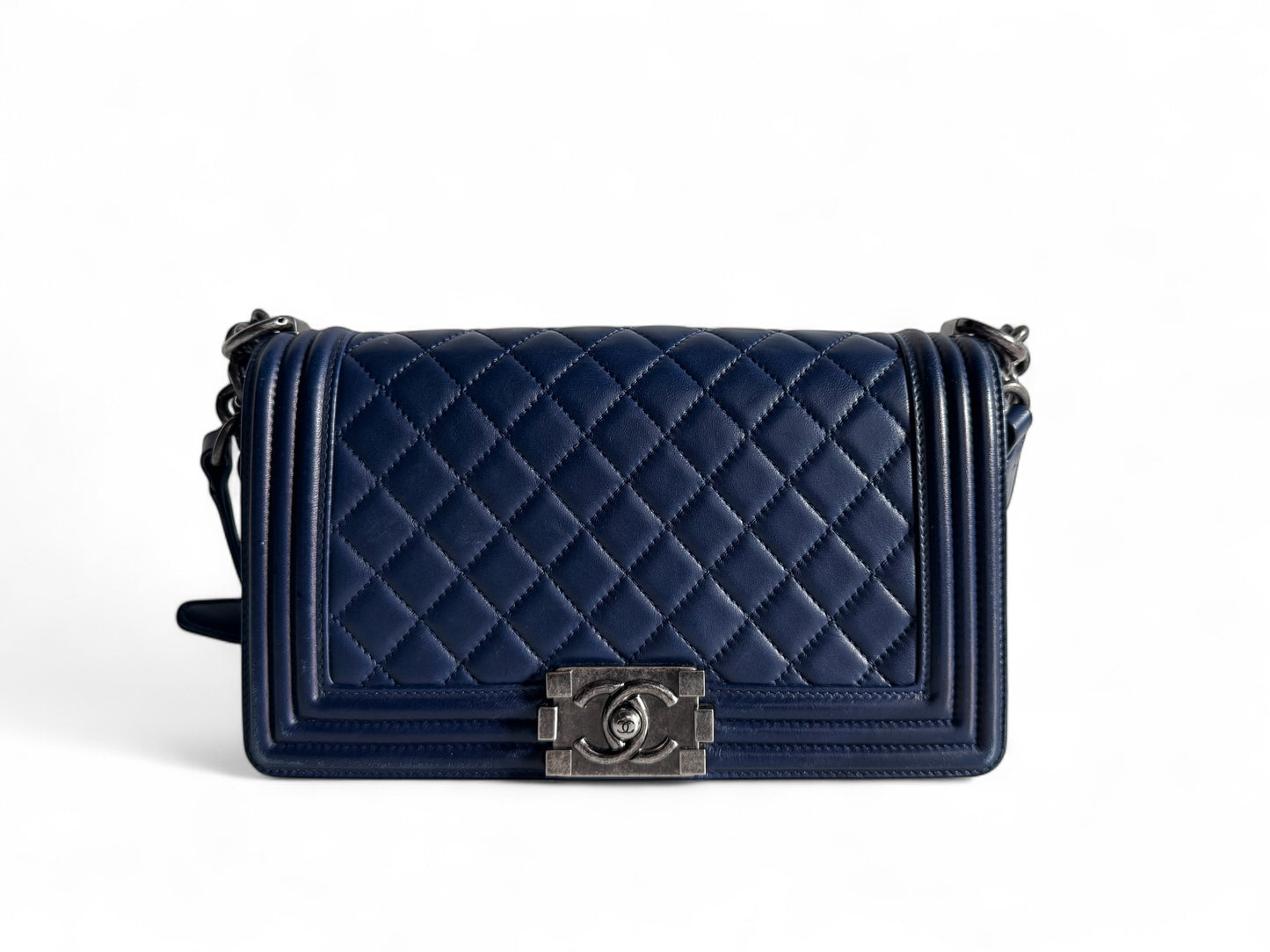 CHANEL Blue Quilted Lambskin Leather Medium Boy Bag