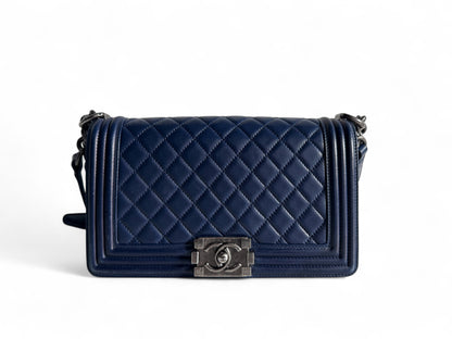 CHANEL Blue Quilted Lambskin Leather Medium Boy Bag