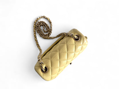CHANEL Light Yellow Lambskin Quilted Mini Square Flap Light Gold Hardware