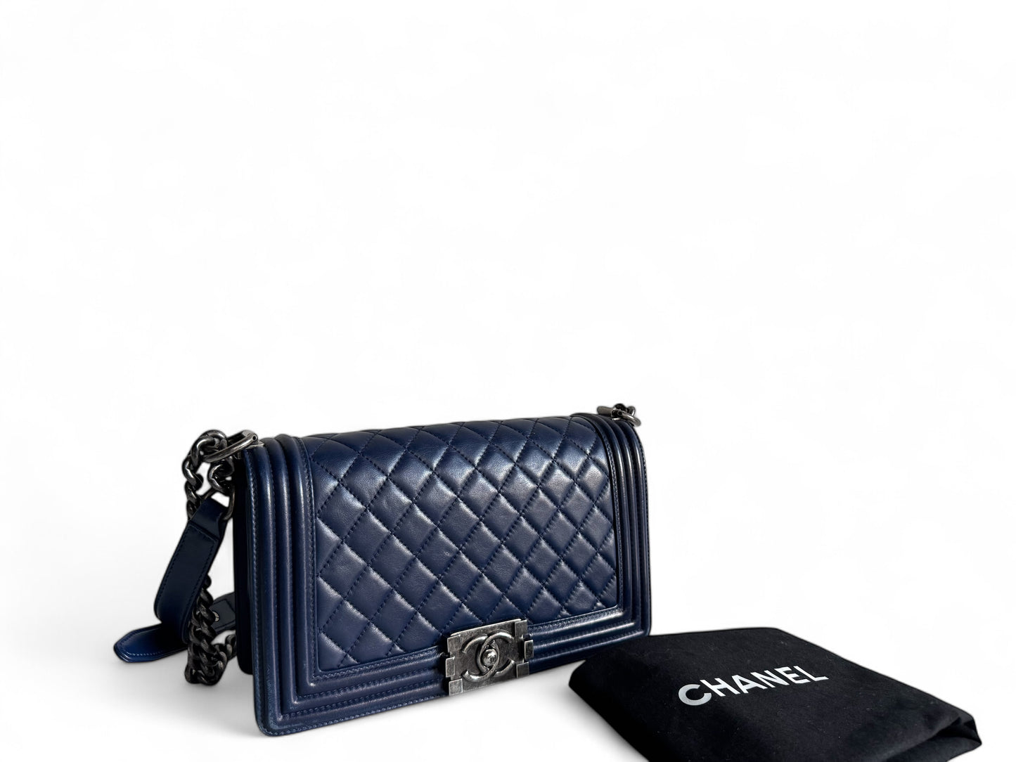 CHANEL Blue Quilted Lambskin Leather Medium Boy Bag