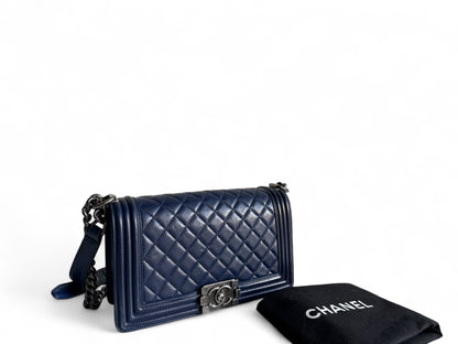 CHANEL Blue Quilted Lambskin Leather Medium Boy Bag