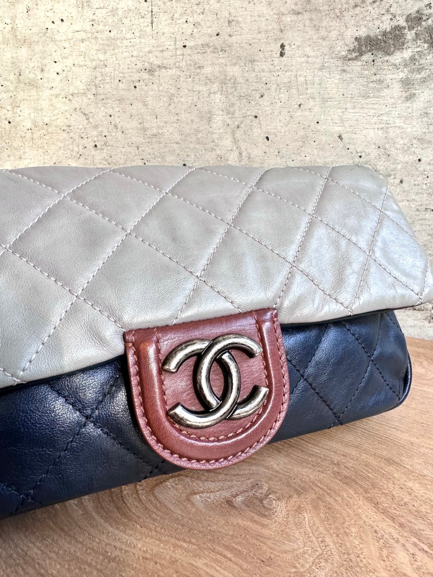 CHANEL 
Iridescent Calfskin Tri-Color Country Chic Flap