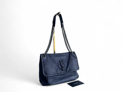 SAINT LAURENT Croc Embossed Nubuck Medium Nikki Bag