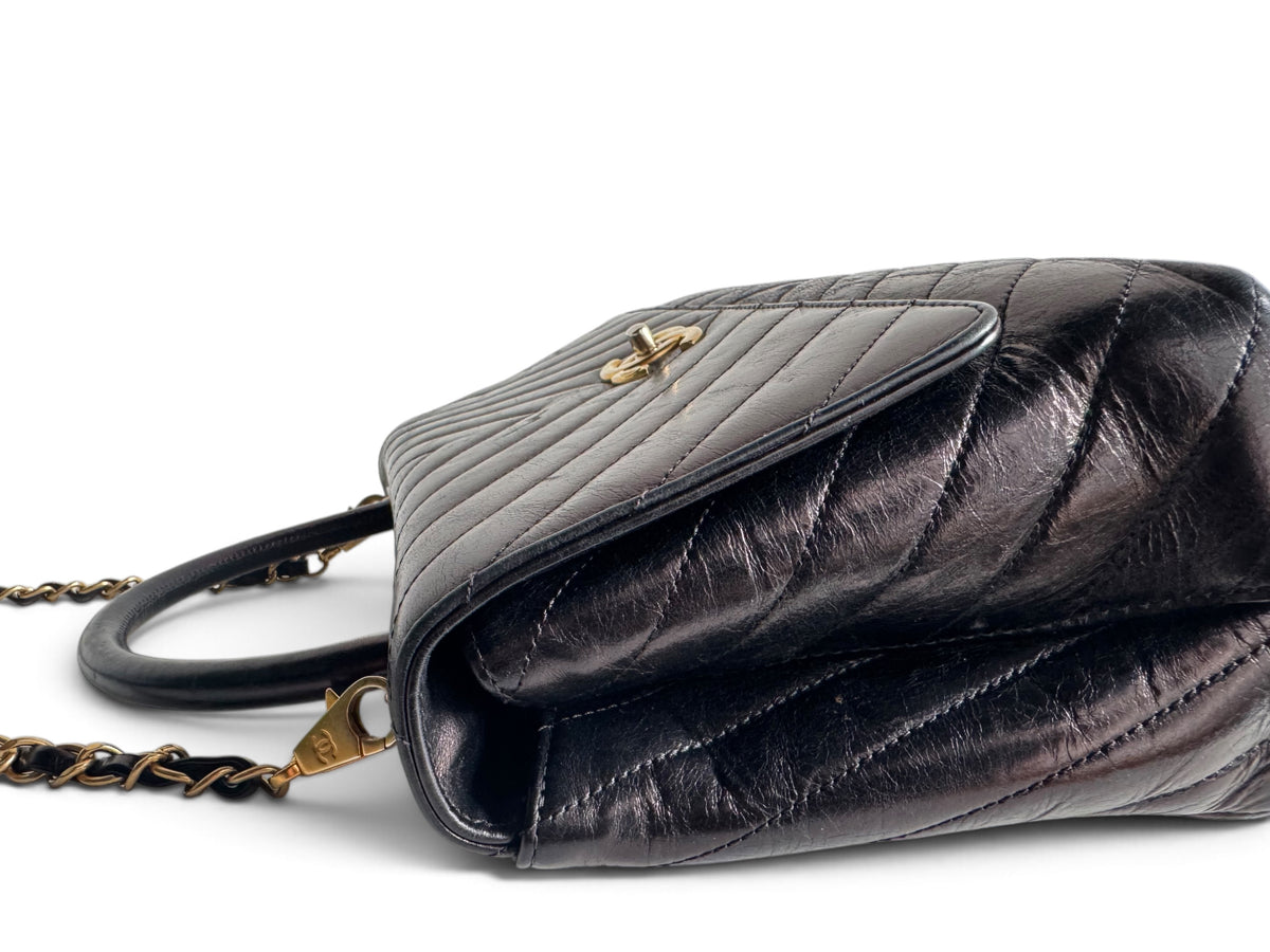 CHANEL Calfskin Chevron Small Coco Handle Flap