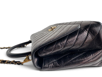 CHANEL Calfskin Chevron Small Coco Handle Flap
