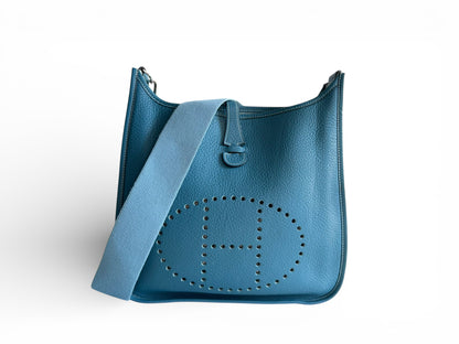 HERMÈS Taurillon Clemence Evelyne II PM Bleu Jean