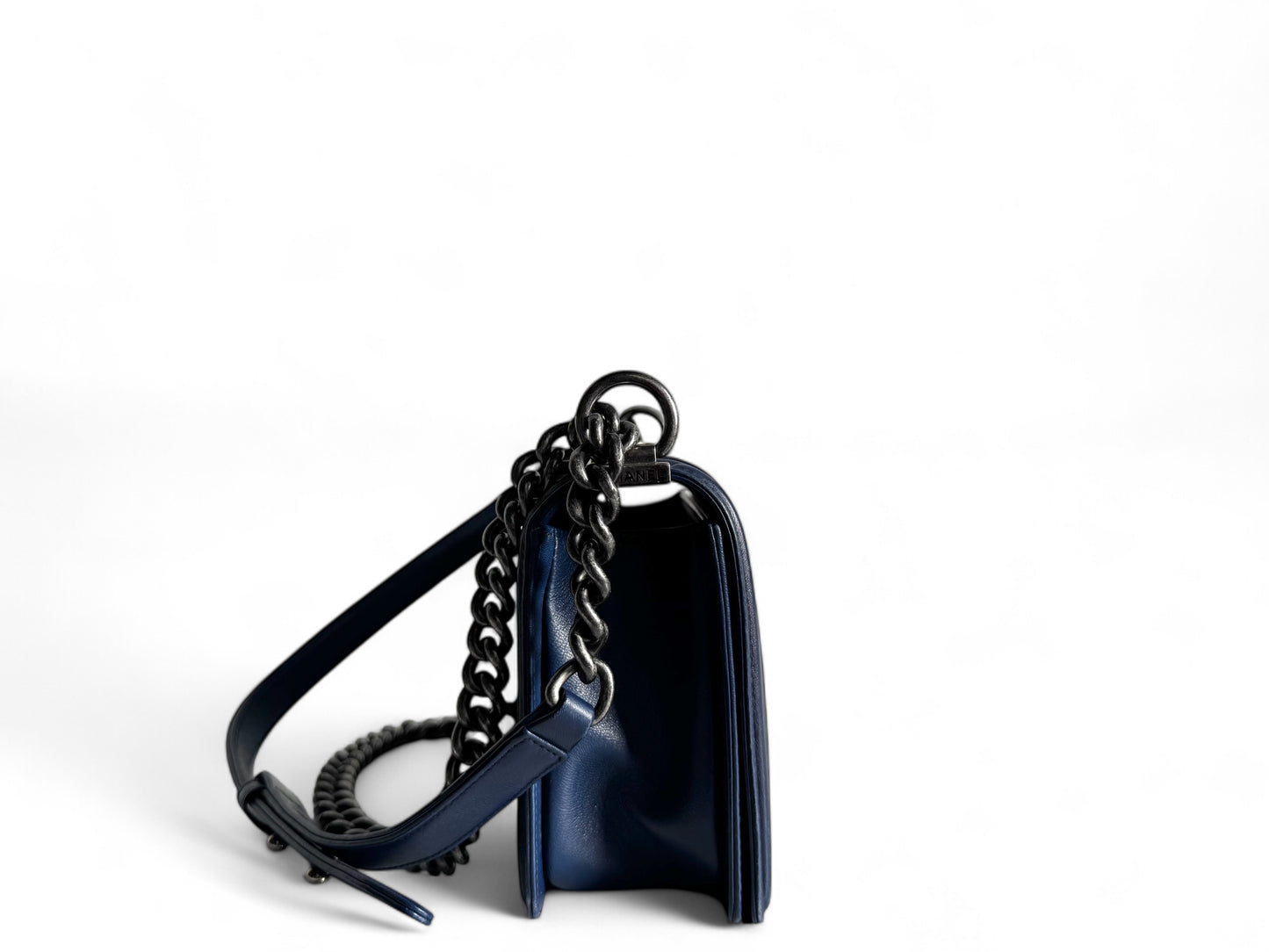 CHANEL Blue Quilted Lambskin Leather Medium Boy Bag