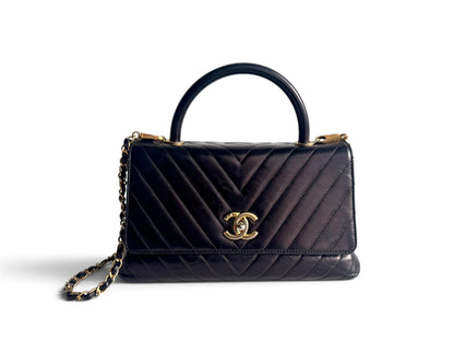 CHANEL Calfskin Chevron Small Coco Handle Flap