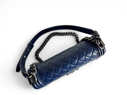 CHANEL Blue Quilted Lambskin Leather Medium Boy Bag