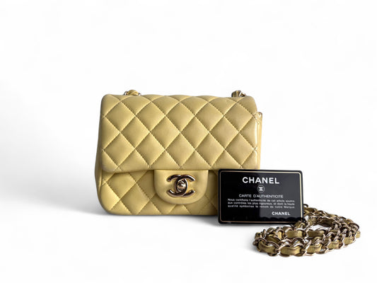 CHANEL Light Yellow Lambskin Quilted Mini Square Flap Light Gold Hardware