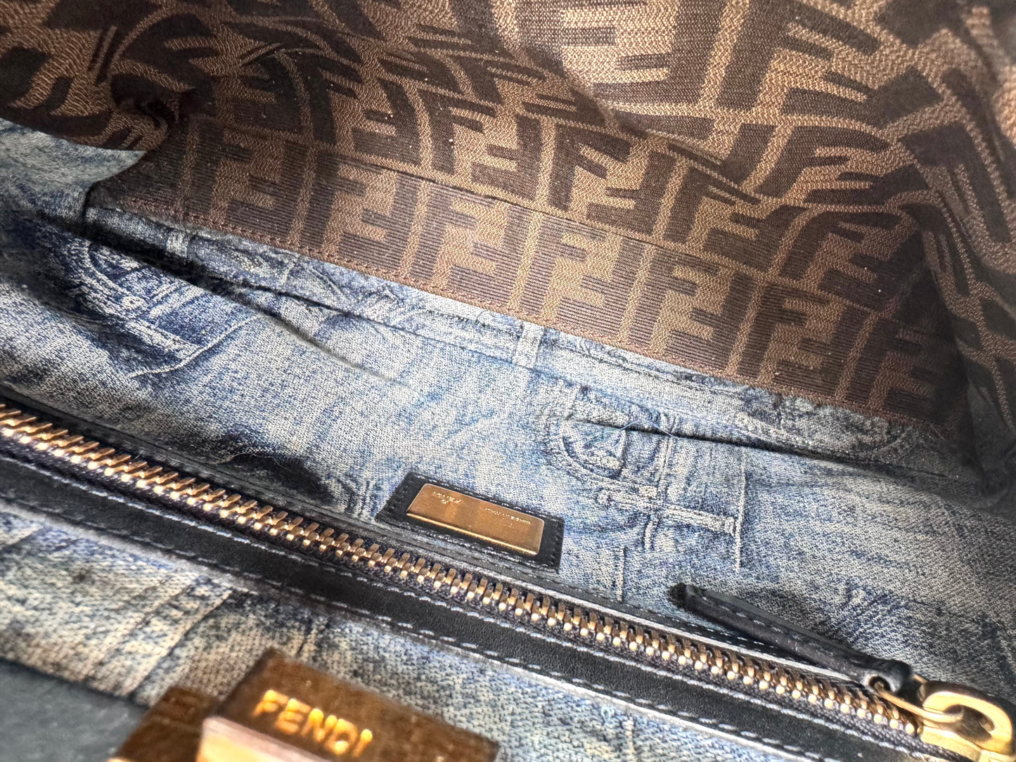 FENDI Calfskin Denim Zucca Peekaboo Iconic Satchel