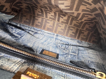 FENDI Calfskin Denim Zucca Peekaboo Iconic Satchel