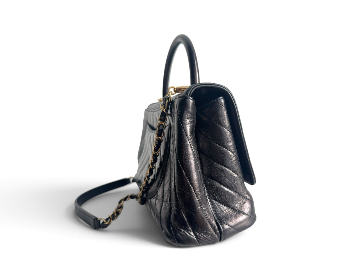 CHANEL Calfskin Chevron Small Coco Handle Flap