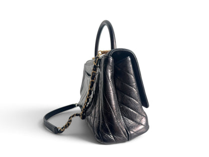 CHANEL Calfskin Chevron Small Coco Handle Flap