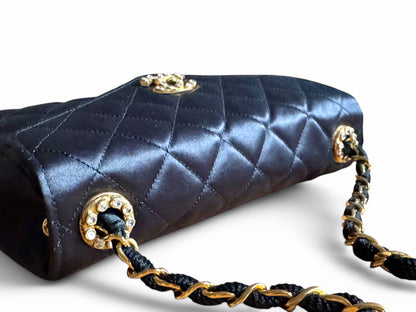 Chanel Satin Rhinestone Chain Flap Bag