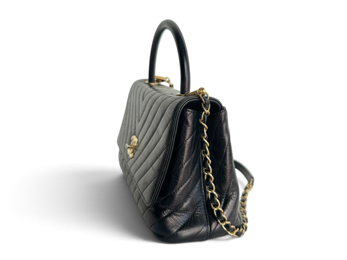 CHANEL Calfskin Chevron Small Coco Handle Flap