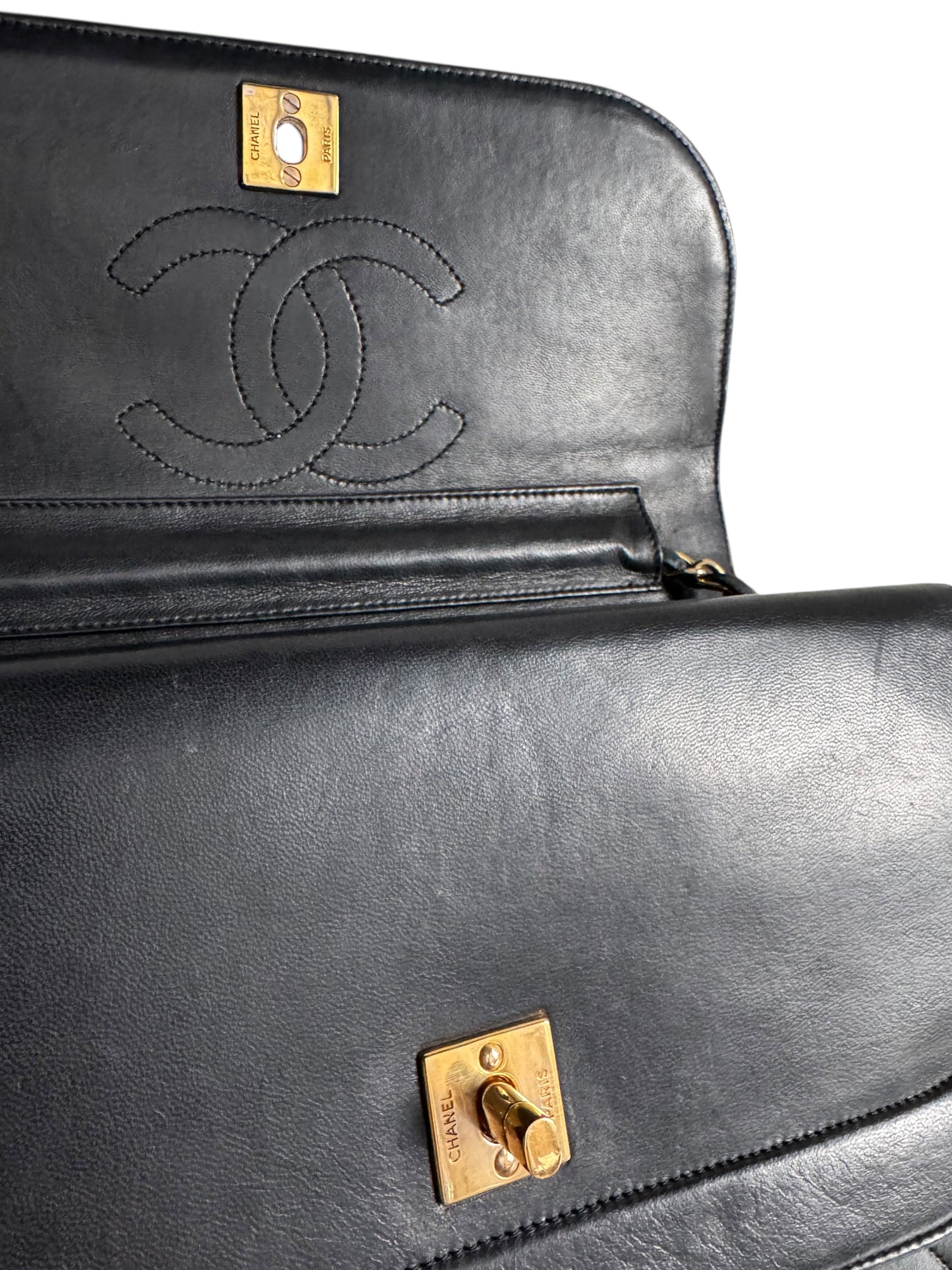 CHANEL Lambskin Half Moon Double Flap Bag