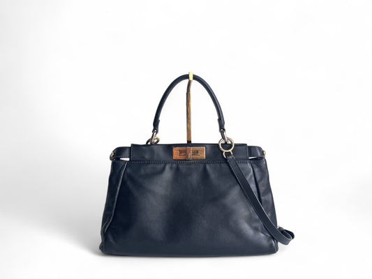 FENDI Calfskin Denim Zucca Peekaboo Iconic Satchel