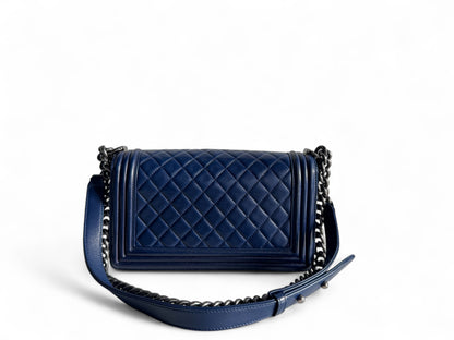 CHANEL Blue Quilted Lambskin Leather Medium Boy Bag