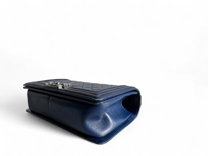 CHANEL Blue Quilted Lambskin Leather Medium Boy Bag