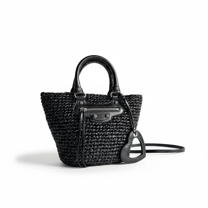 BALENCIAGA Nylon Raffia Le Cagole Small Panier Tote