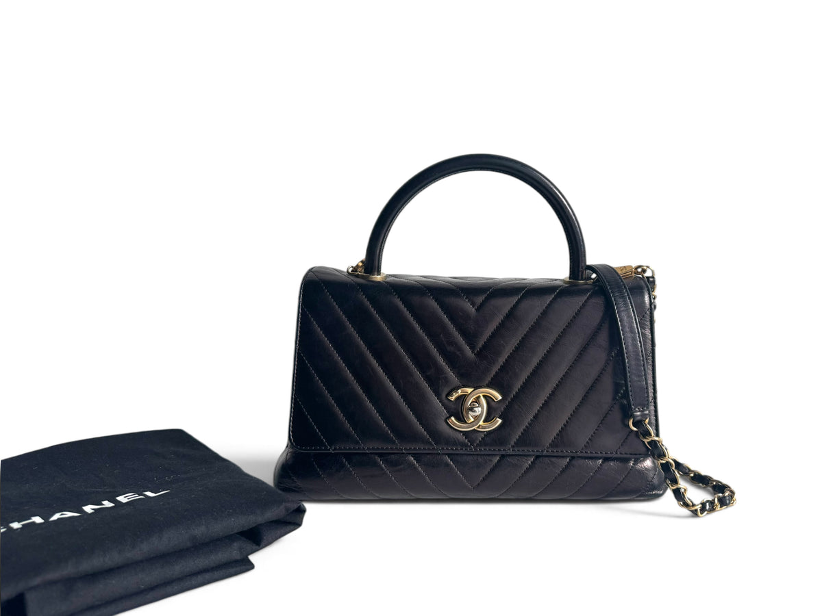 CHANEL Calfskin Chevron Small Coco Handle Flap
