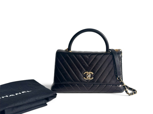 CHANEL Calfskin Chevron Small Coco Handle Flap