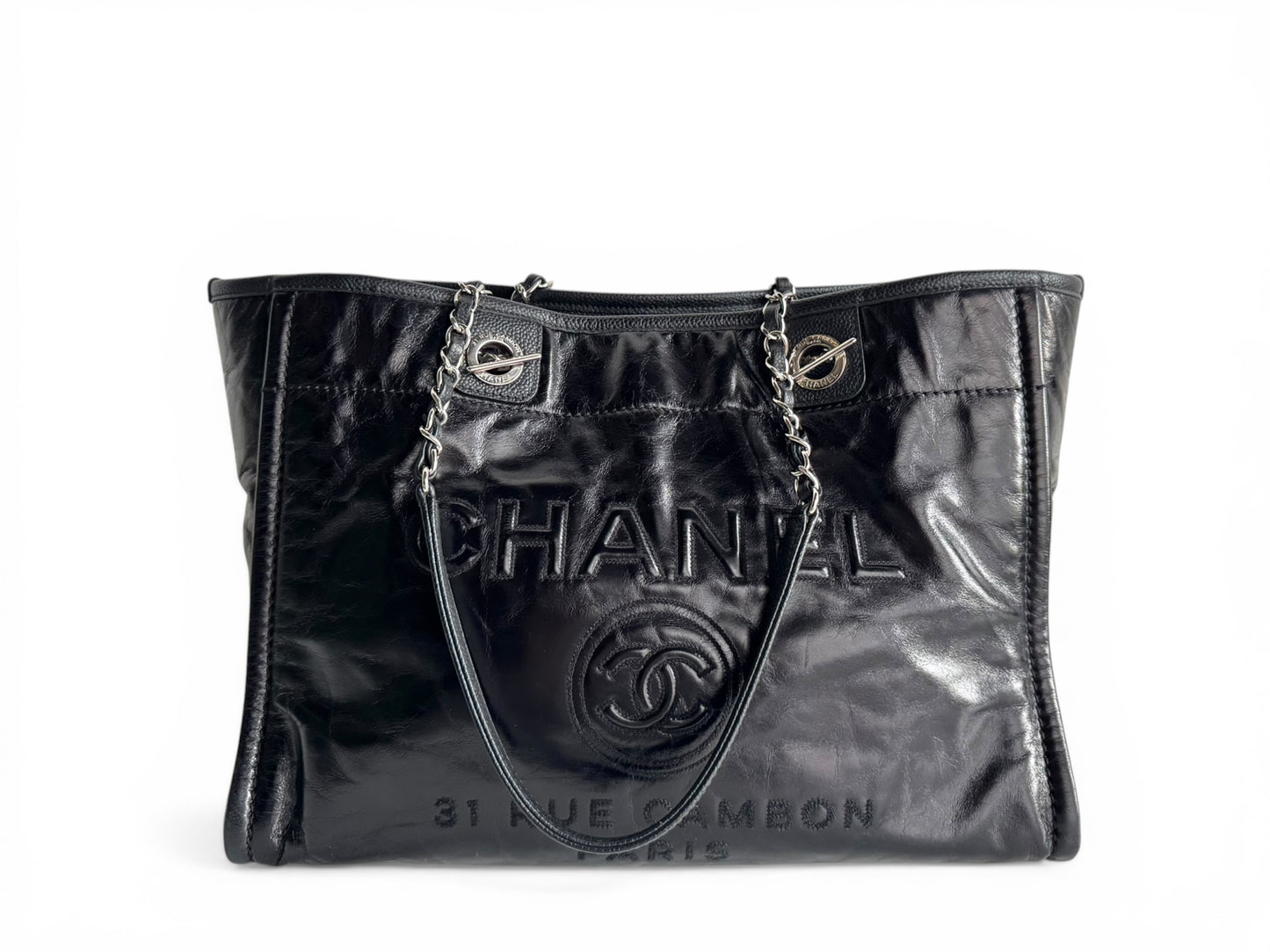 CHANEL Glazed Calfskin Small Deauville Tote