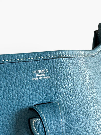 HERMÈS Taurillon Clemence Evelyne II PM Bleu Jean