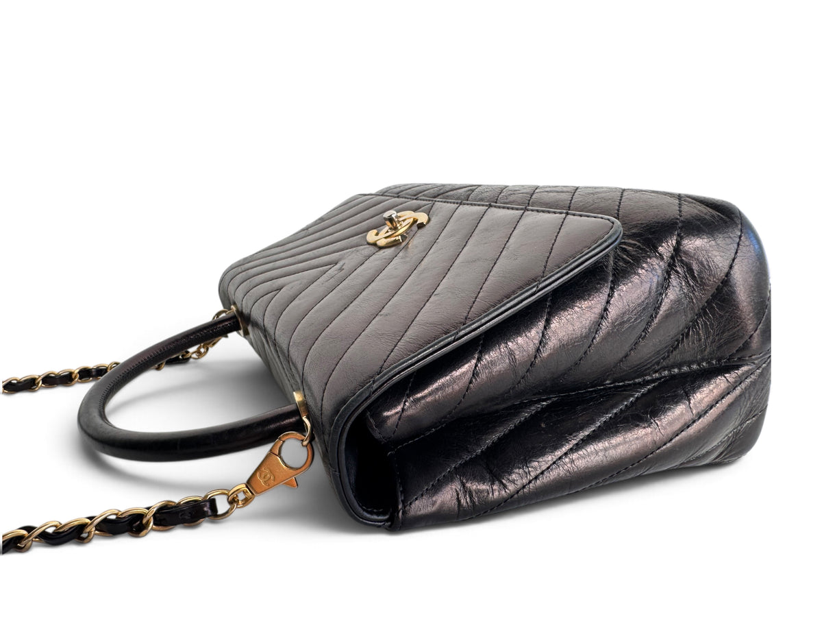 CHANEL Calfskin Chevron Small Coco Handle Flap
