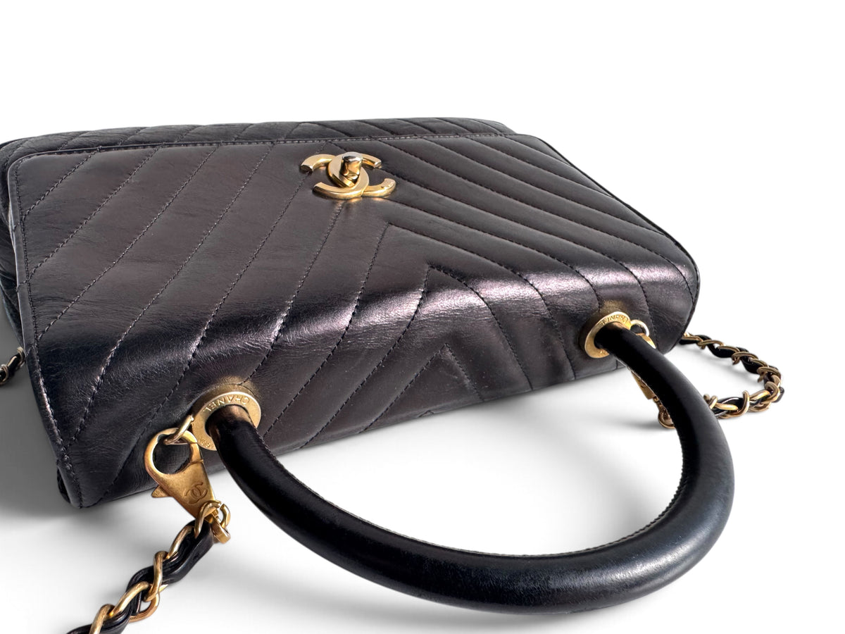 CHANEL Calfskin Chevron Small Coco Handle Flap