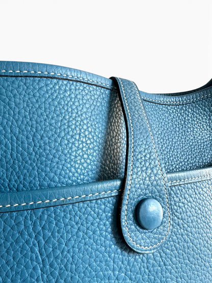 HERMÈS Taurillon Clemence Evelyne II PM Bleu Jean