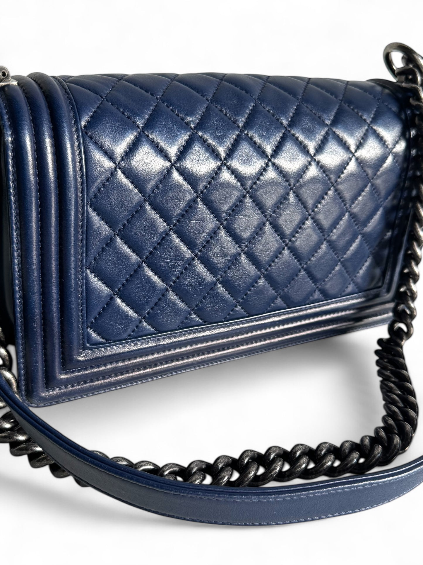 CHANEL Blue Quilted Lambskin Leather Medium Boy Bag