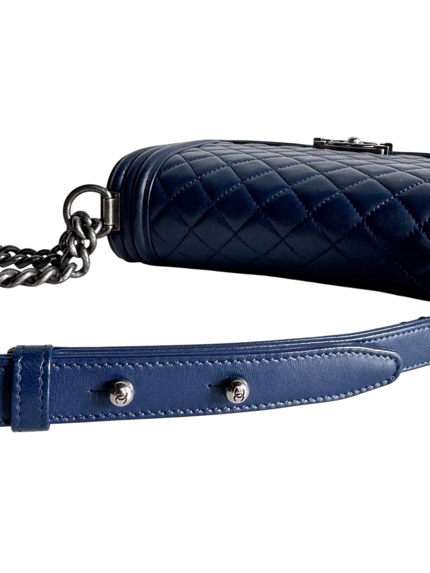 CHANEL Blue Quilted Lambskin Leather Medium Boy Bag