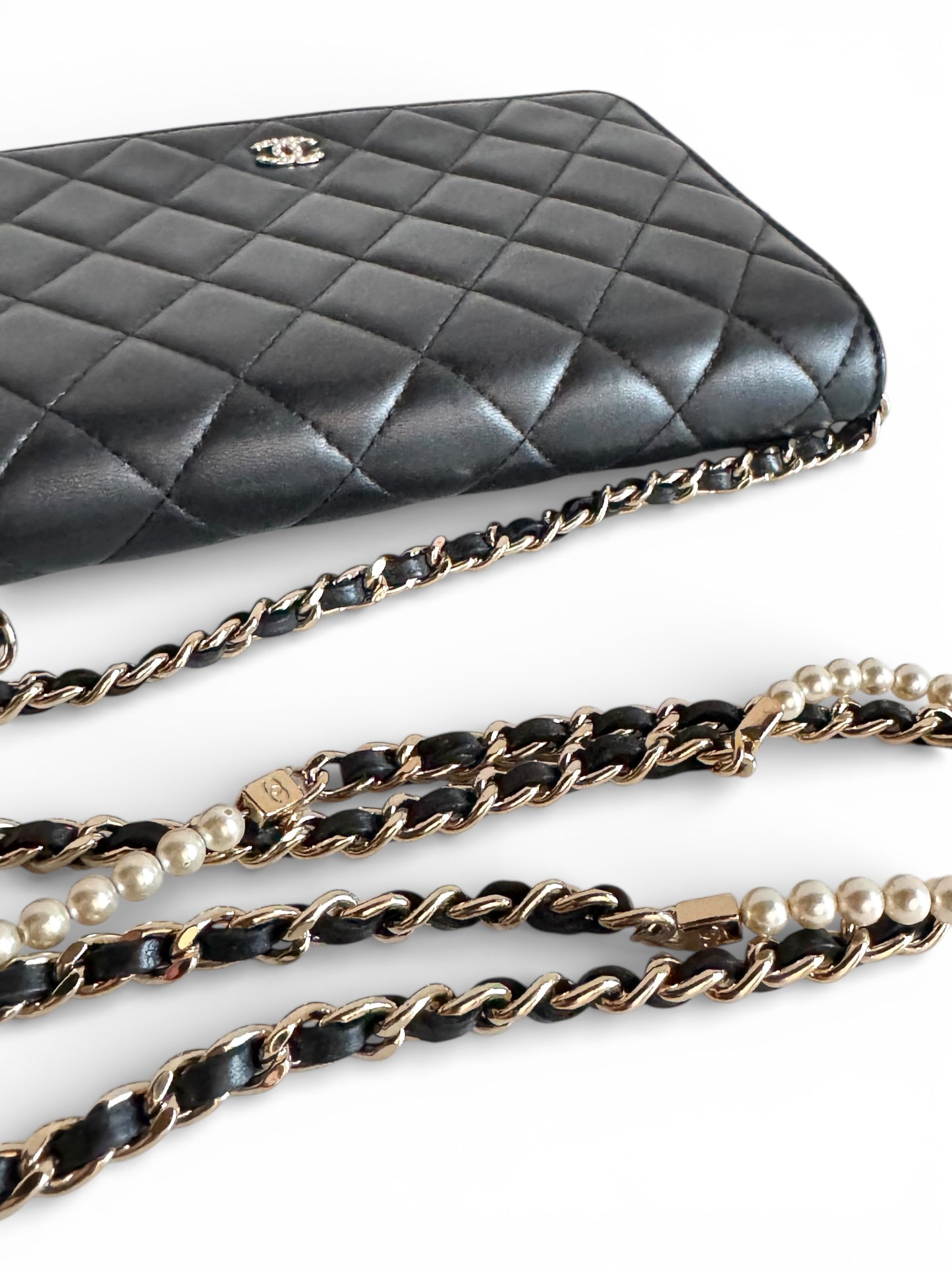 CHANEL Lambskin Limited Pearl Strap Wallet On Chain