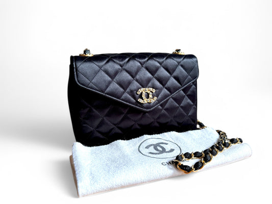 Chanel Satin Rhinestone Chain Flap Bag