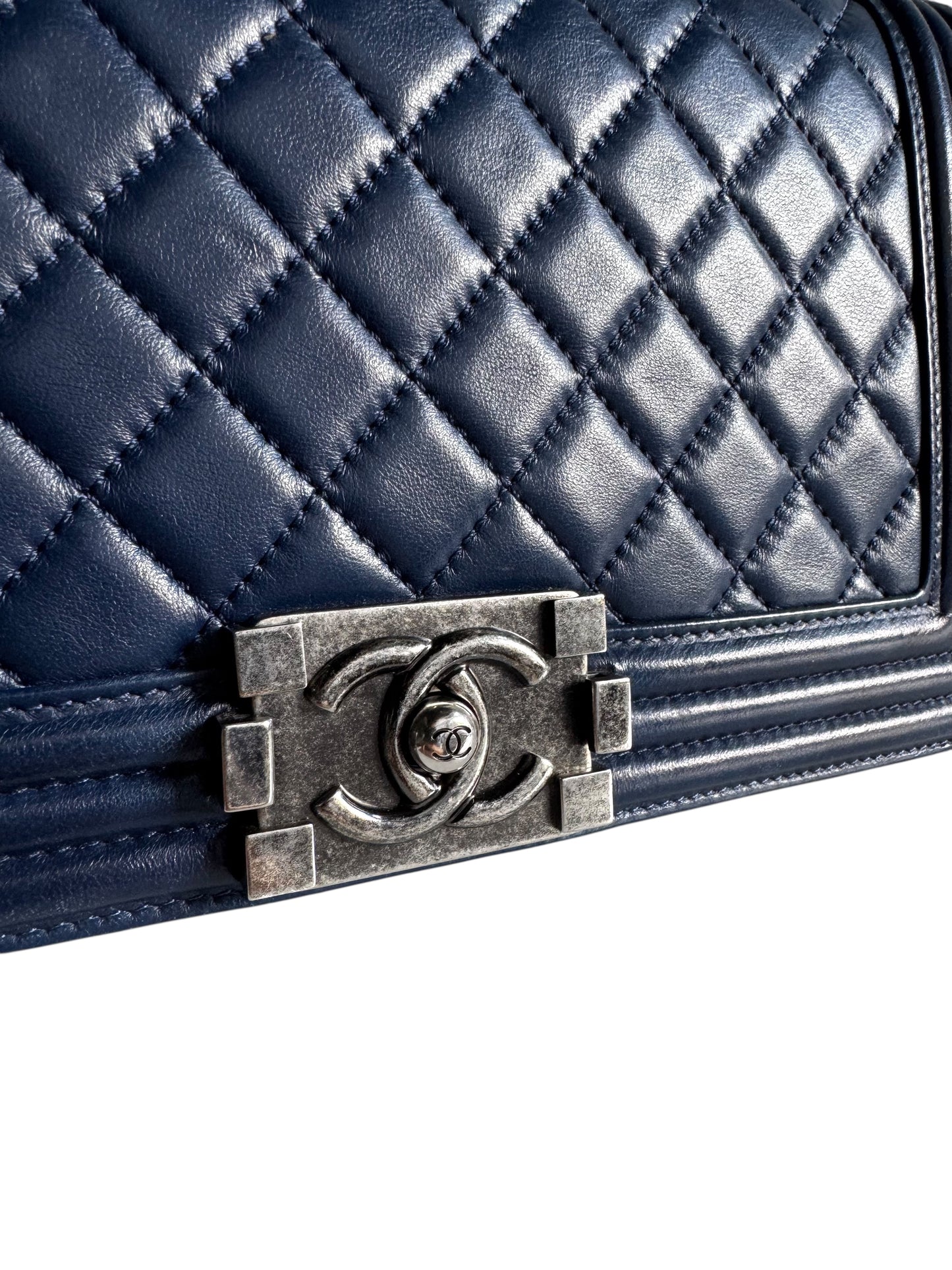 CHANEL Blue Quilted Lambskin Leather Medium Boy Bag